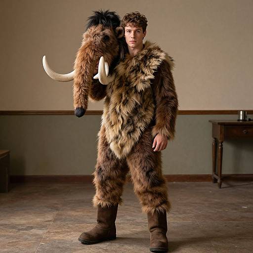 Photograph of a young man in a full fur mammoth costume with large white tusks, standing in a dimly lit room.