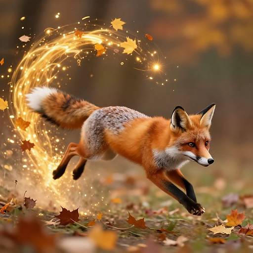 Photograph of a vibrant red fox with a bushy tail, running through an autumn forest, creating a fiery, swirling trail of sparks around its tail