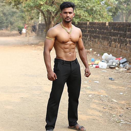Photograph of a muscular, shirtless Indian man with dark hair and beard, wearing black pants, gold arm cuff, and necklace, standing on a