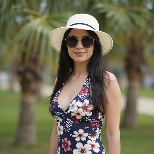 Photograph of an Asian woman with long black hair, wearing a white sunhat, dark sunglasses, and a black floral swimsuit, standing in a