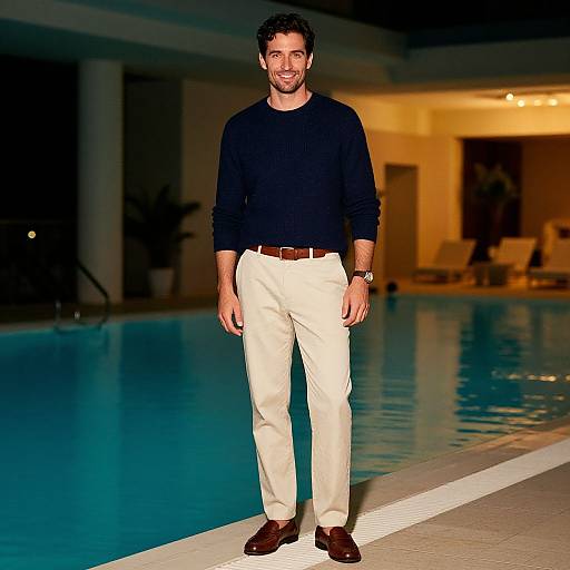 Photograph of a smiling man with dark hair and beard, wearing a black sweater, beige pants, brown belt, and brown shoes, standing by a