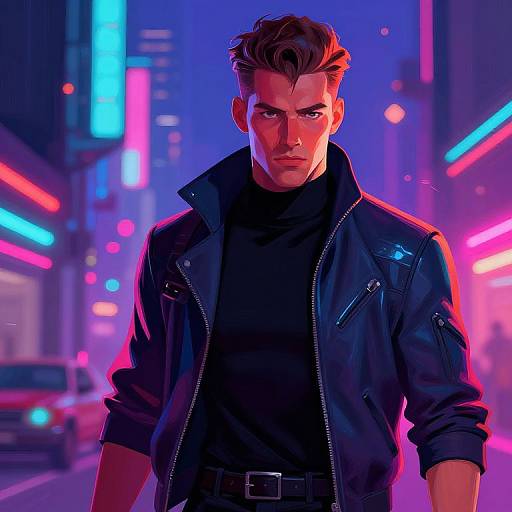 Digital artwork of a stern, muscular man in a black leather jacket, standing in a neon-lit, futuristic city street at night. Vibrant blue