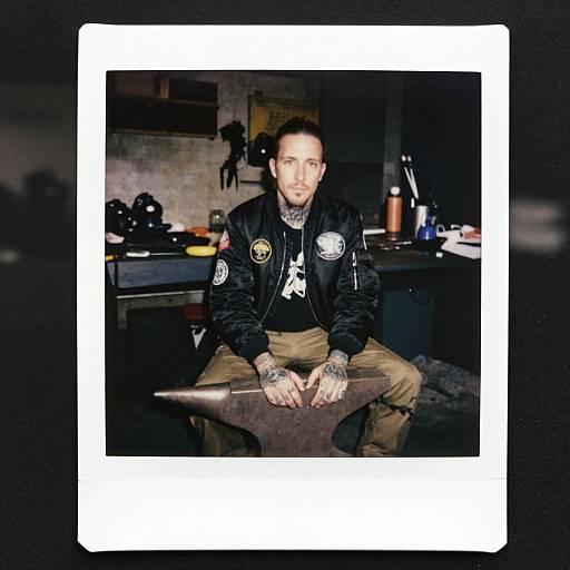Photograph of a tattooed man in a black jacket and tan pants, sitting on a forge anvil in a dimly lit workshop, framed by
