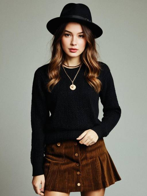 Woman in Casual Chic Outfit with Black Sweater and Brown Corduroy Skirt