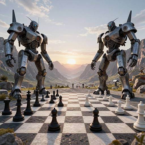 Mechanical Titans Over Surreal Chessboard
