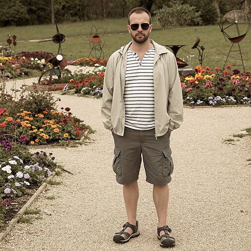 Photograph of a bearded man with sunglasses, striped shirt, beige jacket, and gray shorts, standing in a colorful garden path.