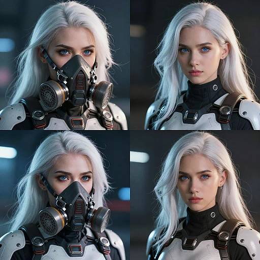 Photograph collage of a white-haired woman with blue eyes, wearing a black and white gas mask, in a dark, futuristic setting.