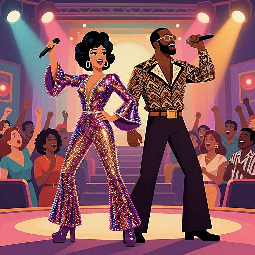 Digital illustration of a dynamic Black couple performing on stage. She wears a sequined jumpsuit, he in a patterned shirt and pants. Both hold