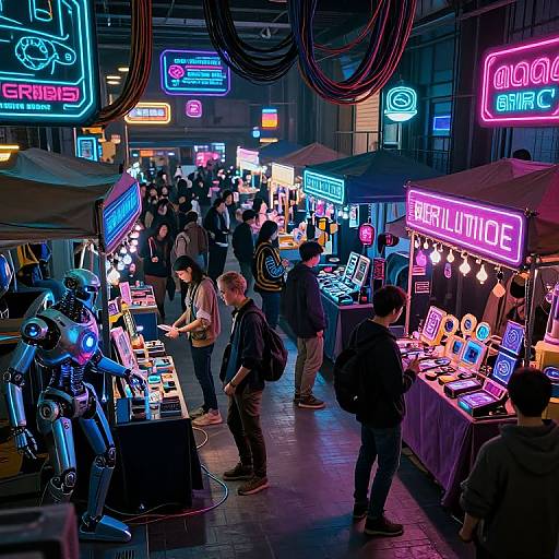Futuristic Cyberpunk Market with Neon Signs