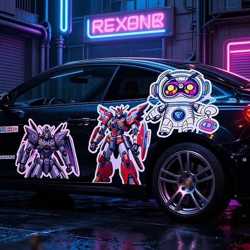 Neon-lit night scene of a black car adorned with colorful, glowing robot decals; 