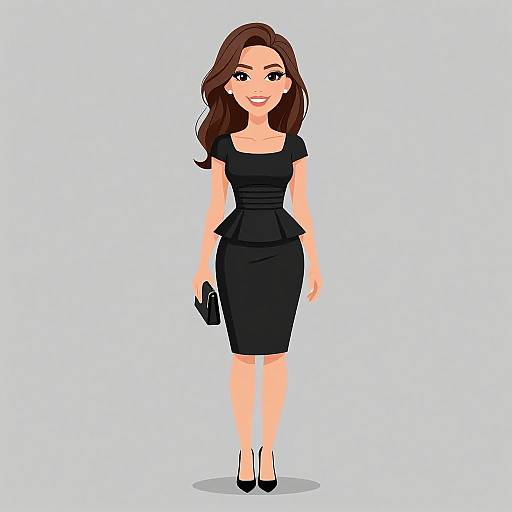 Digital illustration of a smiling woman with long brown hair, wearing a black, ruched, knee-length dress, black heels, and holding a black