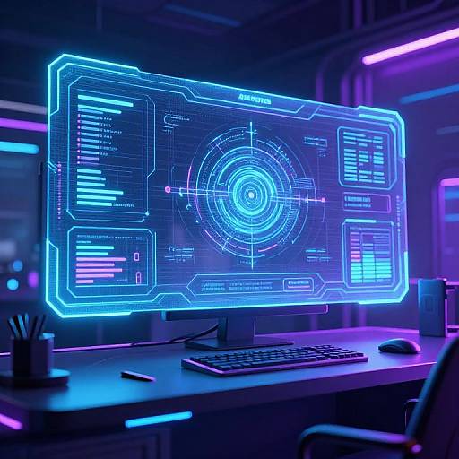 Neon-lit computer screen displaying a futuristic, blue holographic interface with technical schematics and data on a dimly-lit, tech-themed desk