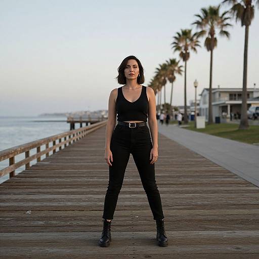 Photograph of a confident woman with dark curly hair, wearing a black tank top, high-waisted black pants, and black boots, standing on