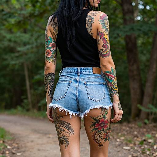 Photograph of a tattooed woman with long black hair, wearing a black tank top and frayed denim shorts, standing on a forest path. Vibr