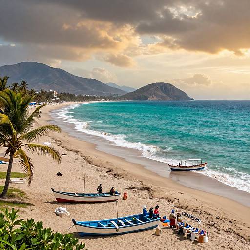Photograph of a tropical beach at sunset with blue boats on sandy shore, palm trees, mountainous backdrop, and cloudy sky.