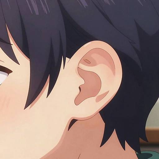 Close-up anime-style illustration of a young male's ear with black, spiky hair, light skin, and visible ear canal.