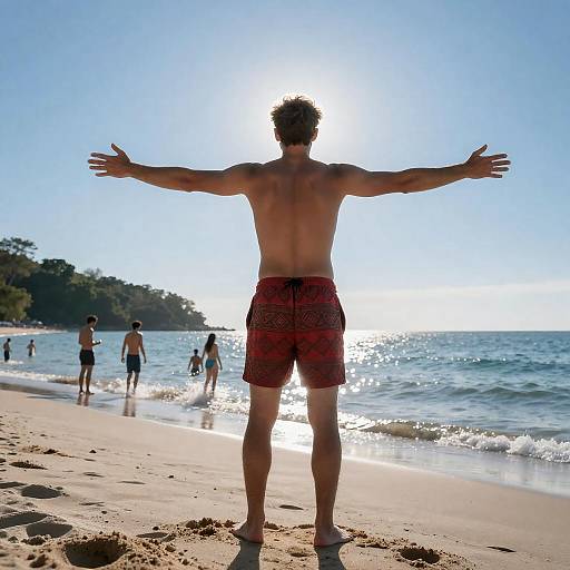 Joyful Man at Beach Under Bright Sky