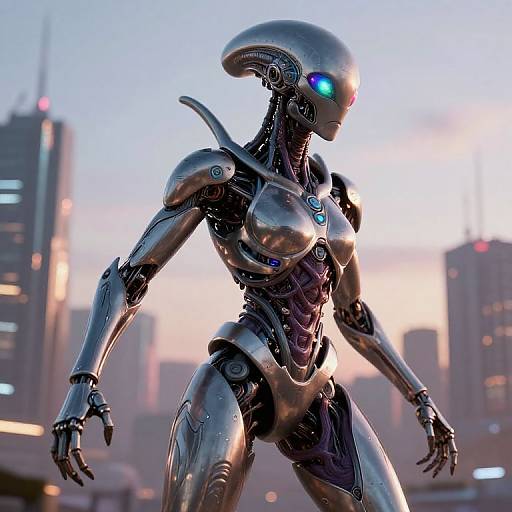 CGI image of a sleek, metallic, futuristic female android with glowing blue eyes, standing in a cityscape at sunset.