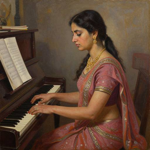 Painting of a South Asian woman with long black hair, wearing a pink embroidered sari and gold jewelry, playing a dark wooden piano.