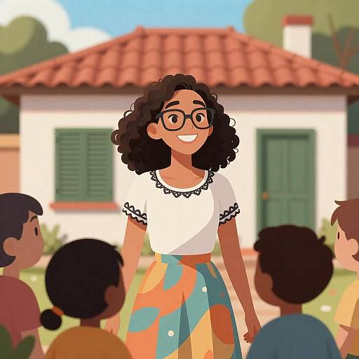 Smiling Curly-Haired Latina With Children