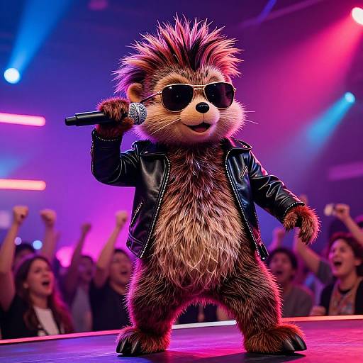 Cute, furry hedgehog in sunglasses and black leather jacket sings into a microphone on stage, with colorful lights and cheering crowd in background. Digital CGI