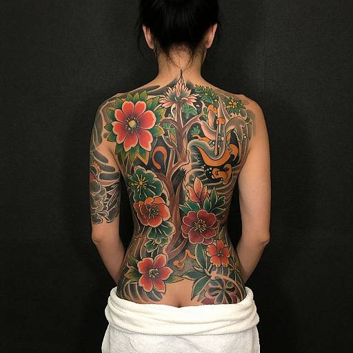 Photograph of a person with dark hair, back facing camera, showcasing vibrant, intricate floral and bird tattoo across their back. Black background, white towel