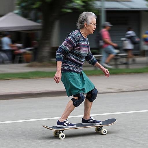 Photograph of an elderly man with gray hair, wearing glasses, striped sweater, green shorts, black knee pads, and black sneakers, skateboarding on