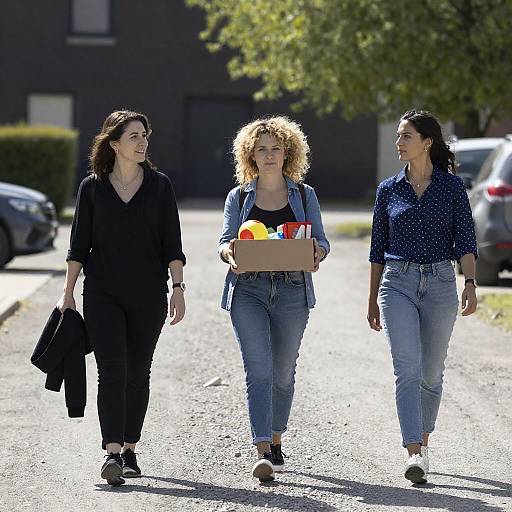Three Women Strolling on a Sunlit Road