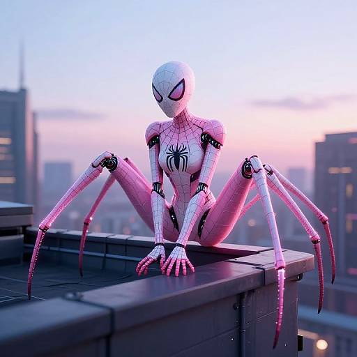 CGI image of a pink, spider-woman Spider-Man cosplay with white web-patterned suit, black spider emblem, and pink claws, sitting on