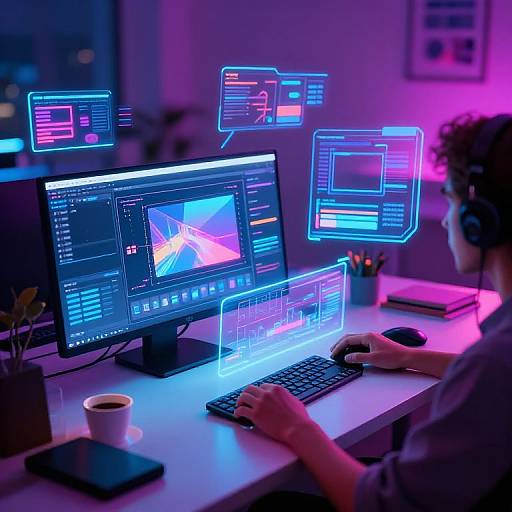 Photograph of a person in a dimly lit room, working on a glowing, neon-blue and pink computer setup, surrounded by floating hologram-like