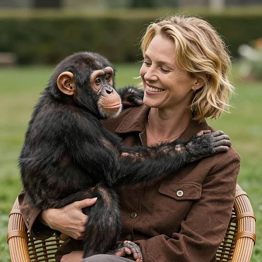 Smiling Woman with Chimpanzee on Shoulder