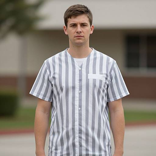 Photograph of a young man with short brown hair, wearing a white and gray vertical striped shirt, standing outdoors in front of a blurred building and green
