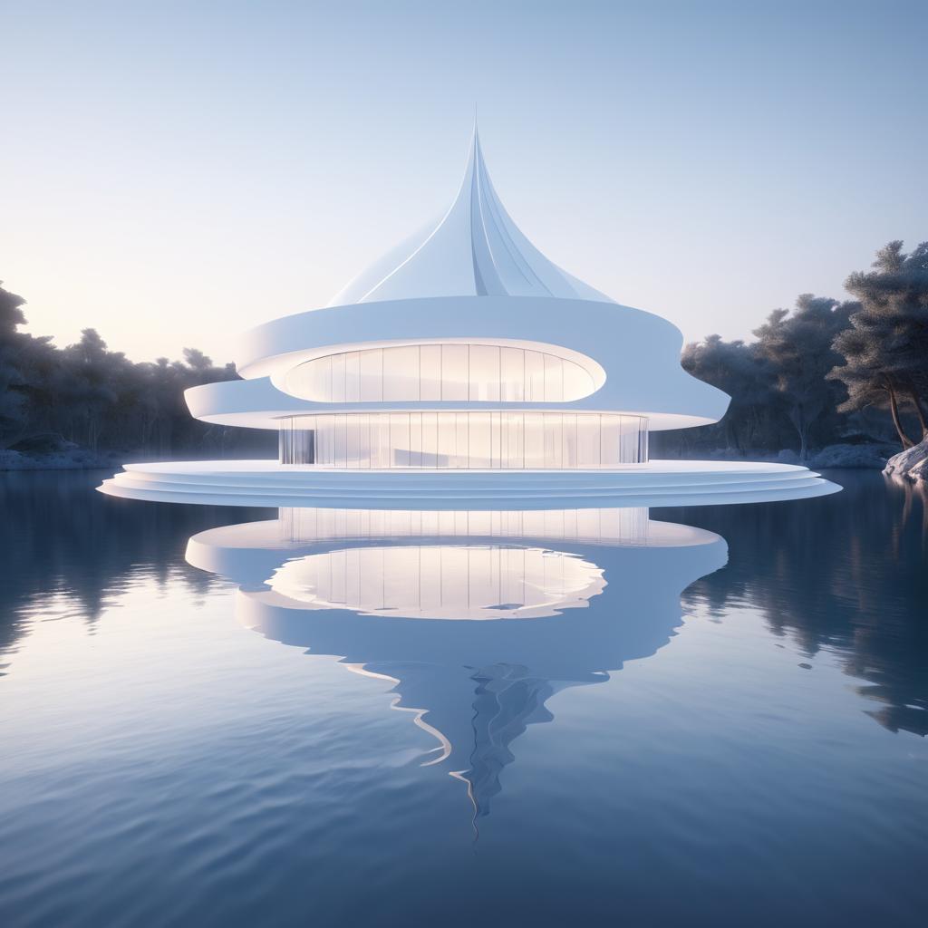 Futuristic Marble Structure by the Lake