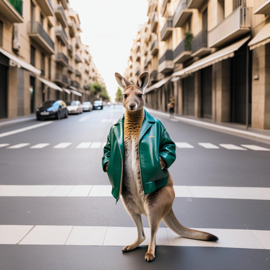 Kangaroo in Stylish Jacket on Barcelona Street