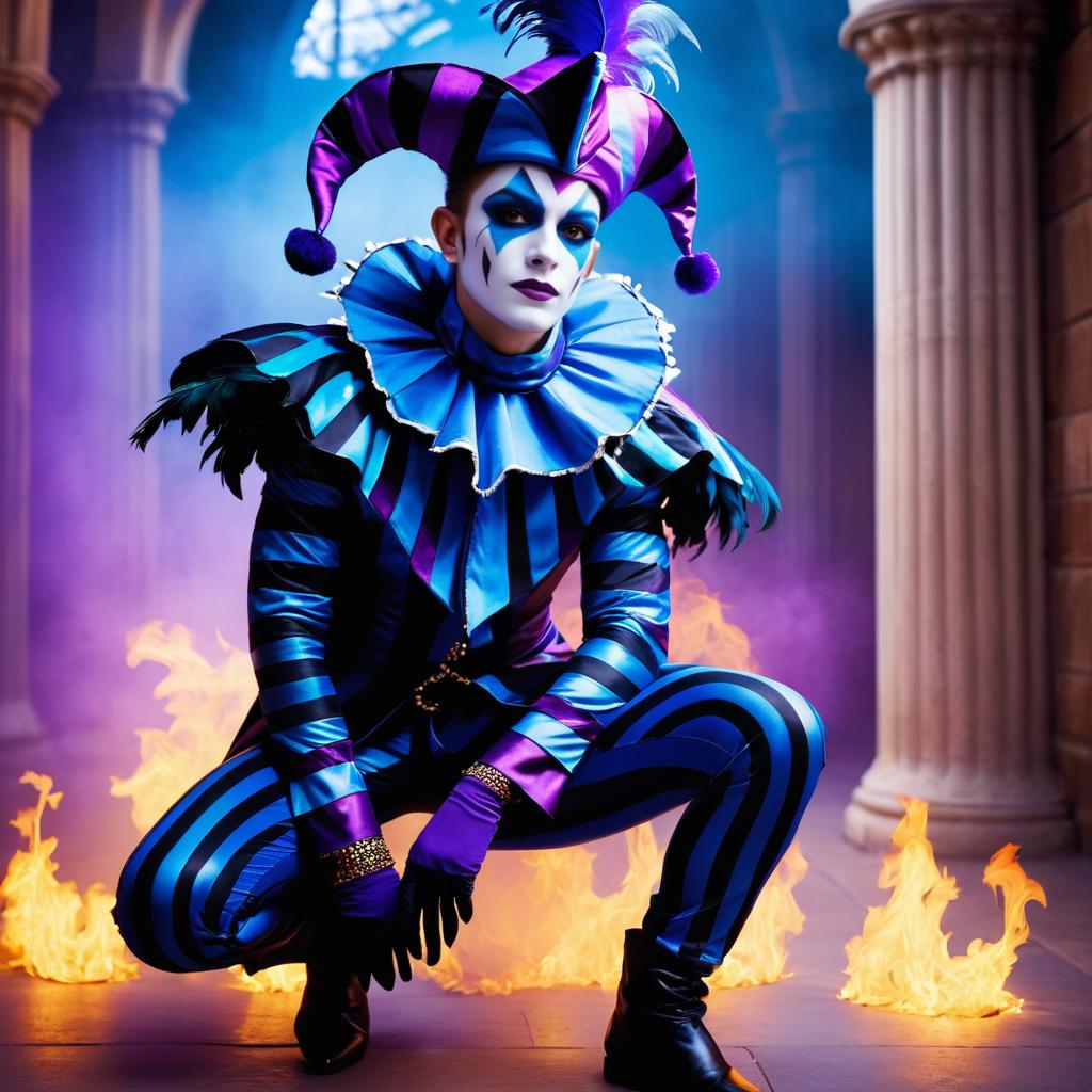 Flamboyant Jester in Mood-Lit Setting