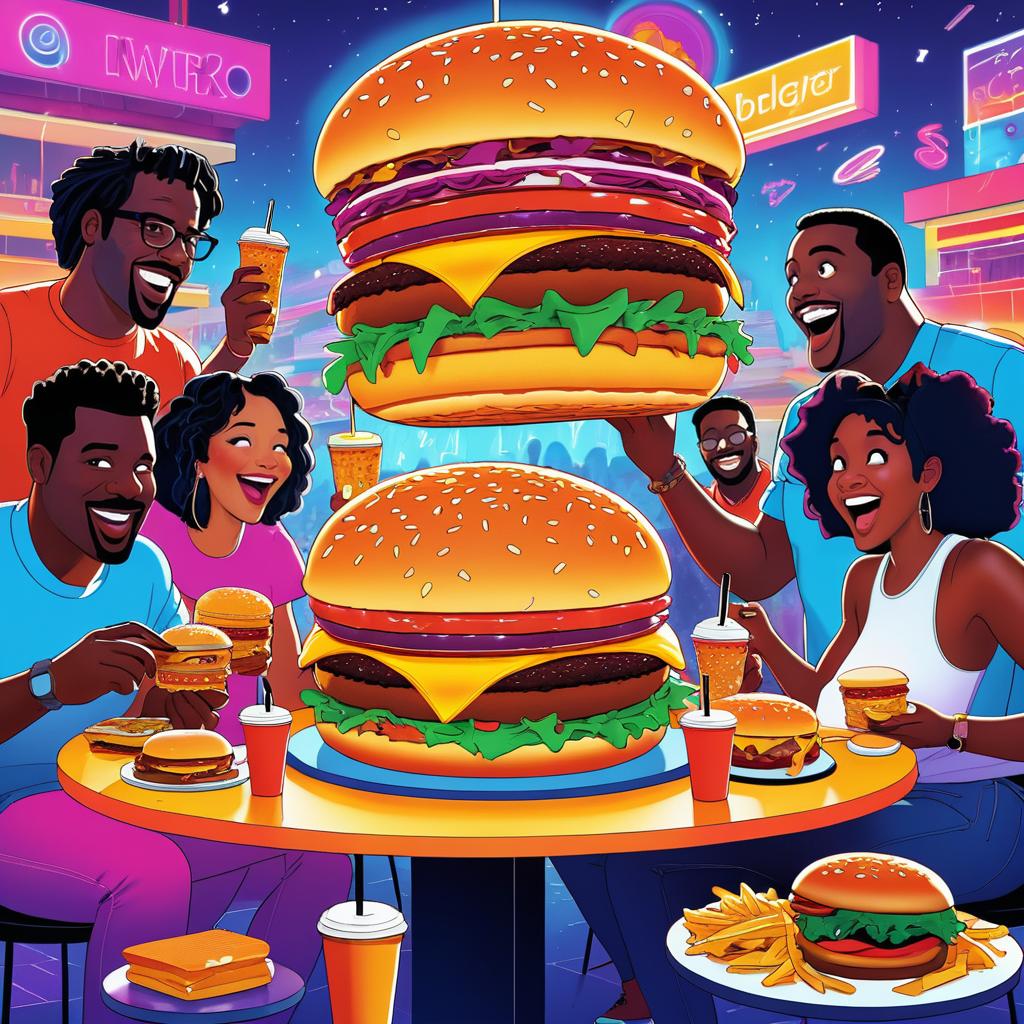 Vibrant Cartoon Burger Party with Characters