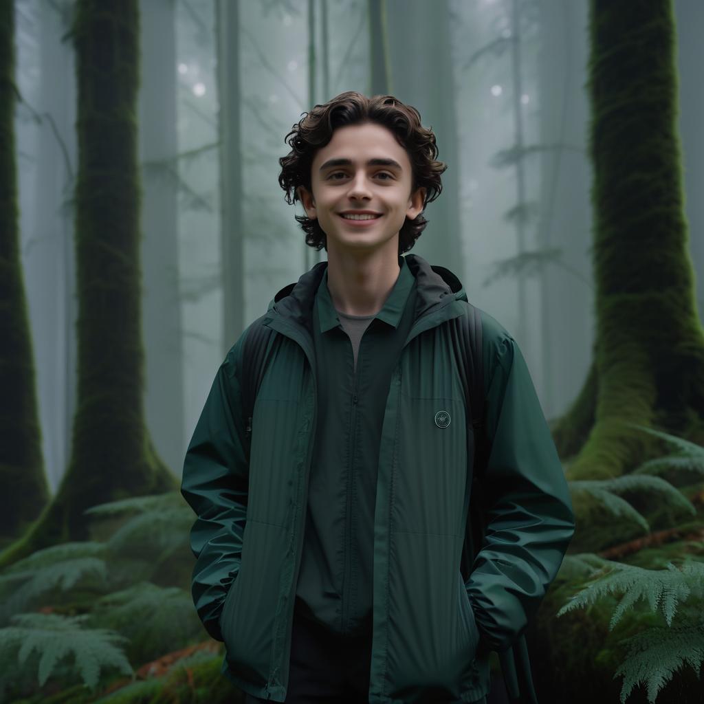 Eerie Timothee Chalamet in a Misty Forest