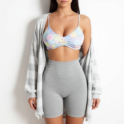 Photograph of a woman with long black hair, wearing a white iridescent bralette, gray high-waisted shorts, and a white striped