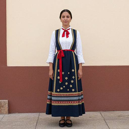 Photograph of a woman in traditional European folk dress: white blouse, red bow, black apron with star patterns, red sash, black shoes
