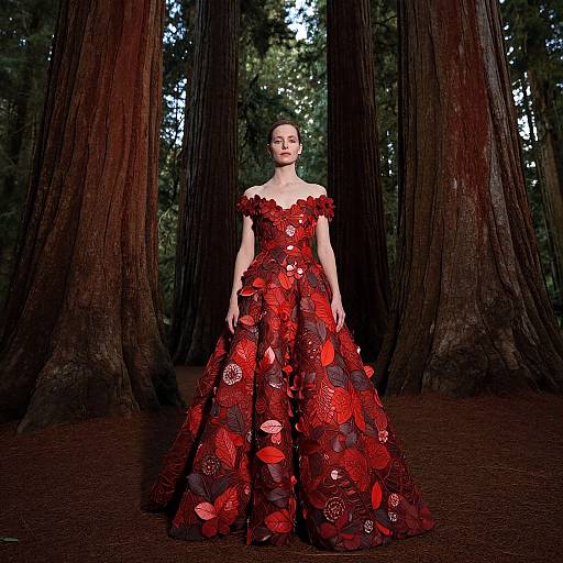 Photograph of a fair-skinned woman in a red, floral-embellished ball gown standing in front of tall redwood trees.