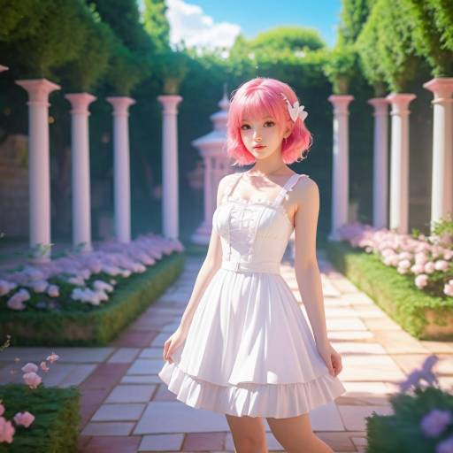 Young Woman with Pink Hair in White Dress