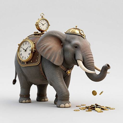 Digital illustration of a gray elephant adorned with three antique clocks, standing on a pile of gold coins, with coins falling from its trunk.