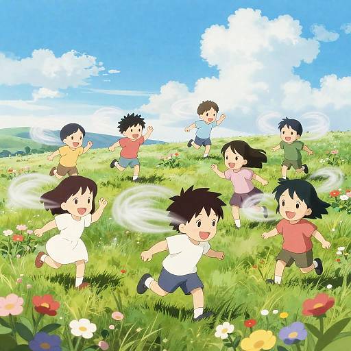Playful Wind Spirits in Flower Field