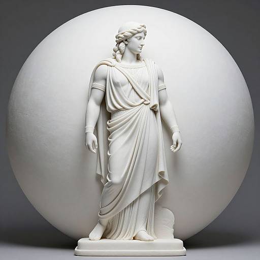 Photograph of a white marble statue of a classical Greek-style woman with a draped toga, standing against a large silver sphere.