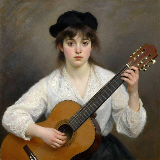 Portrait of a young woman with fair skin, dark hair, and black beret, playing a brown acoustic guitar against a dark background.
