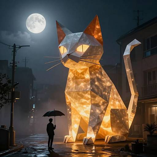 Photograph of a glowing, geometric cat sculpture illuminated by internal lights, standing on a rainy night street, with a person holding an umbrella under a full