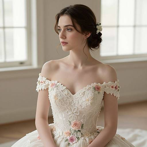 Photograph of a fair-skinned, brunette woman with delicate features, wearing an off-shoulder, lace and pink rose-embellished wedding