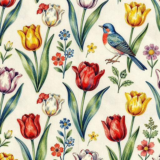 Vibrant botanical pattern: red and yellow tulips, bluebirds, and small flowers on a white background, watercolor-style illustration.