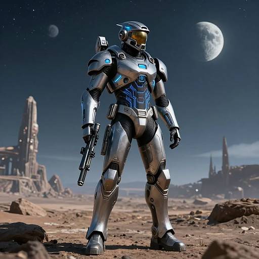 Futuristic Armored Soldier on Alien Landscape