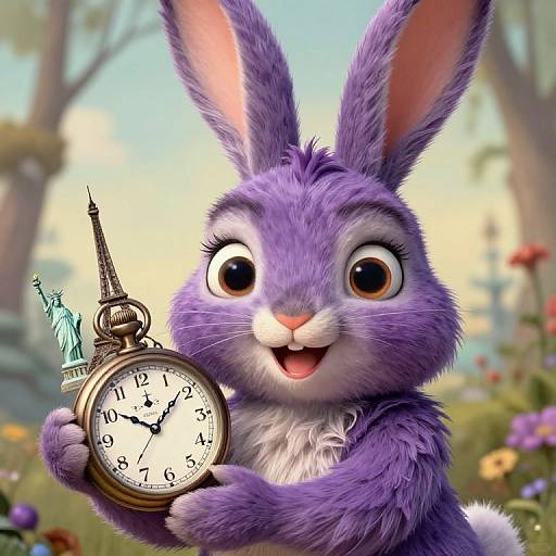 CGI image of a cute, purple-furred bunny with large eyes, holding a vintage pocket watch with a tiny Eiffel Tower and clockhands